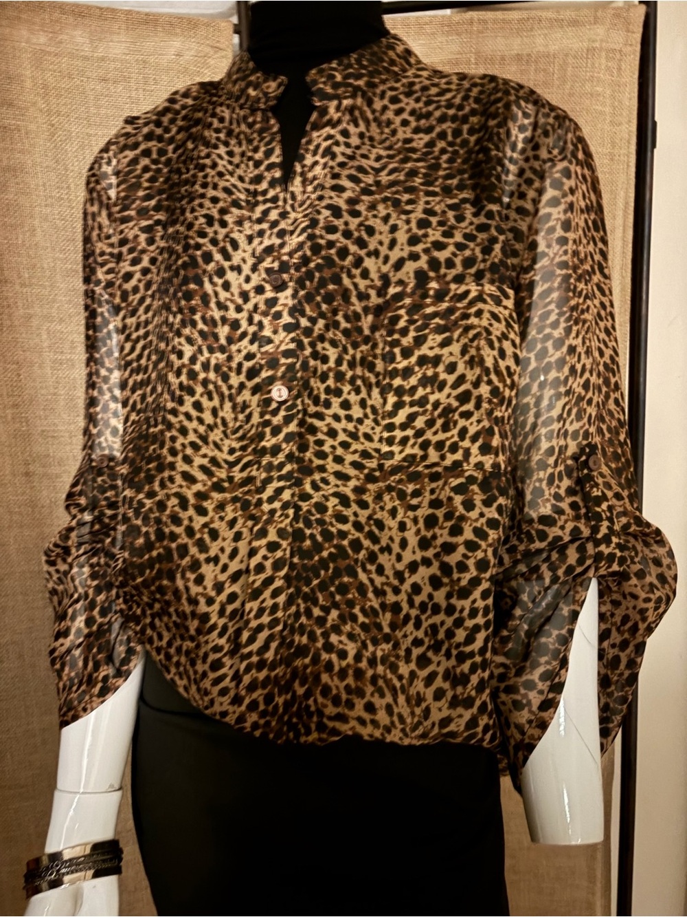 Sheer Leopard-Print Button-Down Blouse in Brown/Black